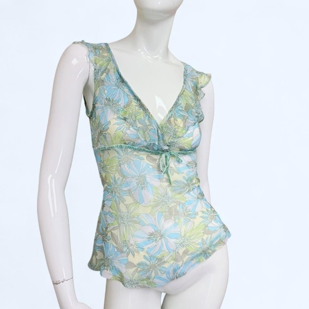 Vintage Floral Mesh Fairy Top Y2K Boho Cami Coquette Womens S sheer floral